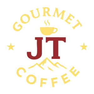 Logo for Gourmet JT Coffee with a cup and stars on a white background