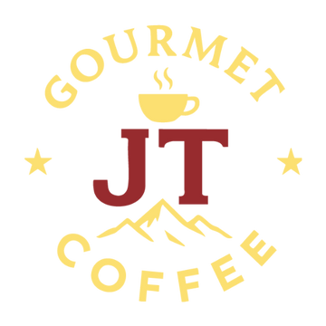 Logo for Gourmet JT Coffee with a cup and stars on a white background
