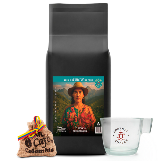 JT Coffee Gourmet Ground Coffee & Glass Coffee Cup Combo Premium Colombian Roast