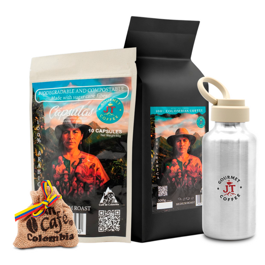 JT Coffee Gourmet Coffee Capsules, Ground Coffee & Bottle Combo Premium Colombian Roast