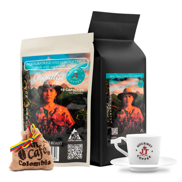 JT Coffee Gourmet Ground Coffee, Coffee Capsules & Coffee Cup Combo Premium Colombian Roast