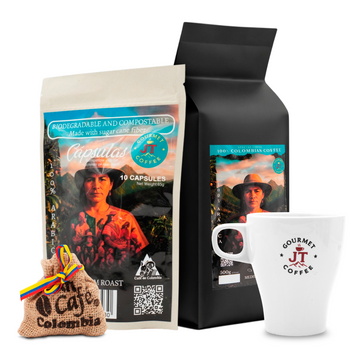 JT Coffee Gourmet Ground Coffee, Coffee Capsules & Coffee Mug Premium Colombian Roast