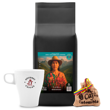 JT Coffee Gourmet Ground Coffee & Coffee Mug Combo Premium Colombian Roast