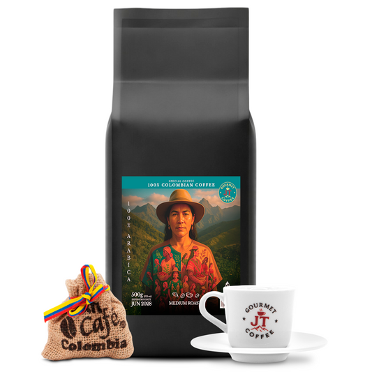 JT Coffee Gourmet Ground Coffee & Coffee Cup Combo Premium Colombian Roast