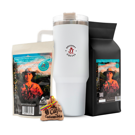 JT Coffee Gourmet Ground Coffee, Coffee Capsules & Thermal Tumbler Combo Premium Colombian Roast