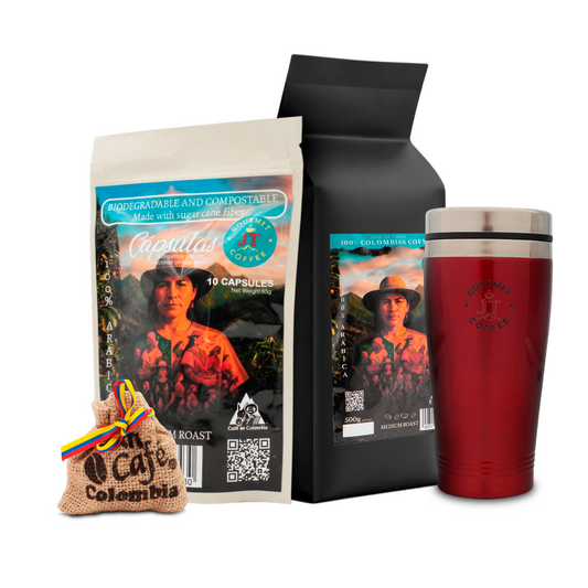 JT Coffee Gourmet Ground Coffee, Coffee Capsules & Thermal Tumbler Combo Premium Colombian Roast