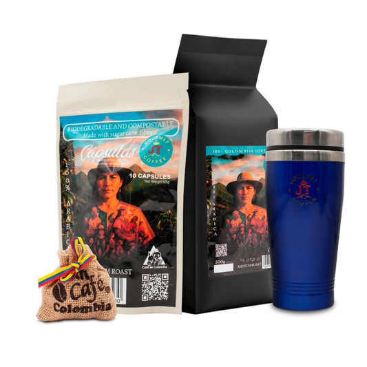 JT Coffee Gourmet Ground Coffee, Coffee Capsules & Thermal Tumbler Combo Premium Colombian Roast